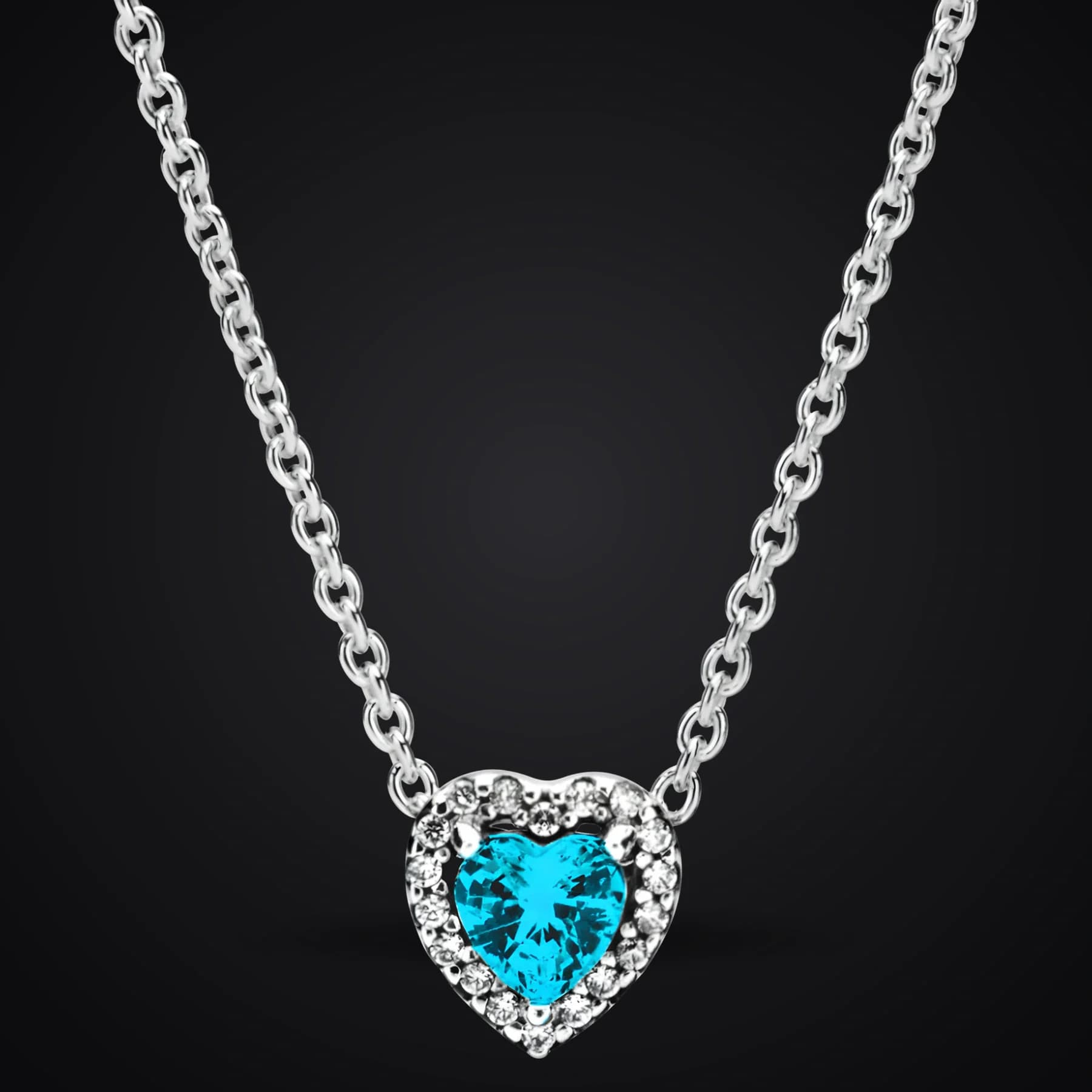 Sky Blue Heart necklace on a dark background