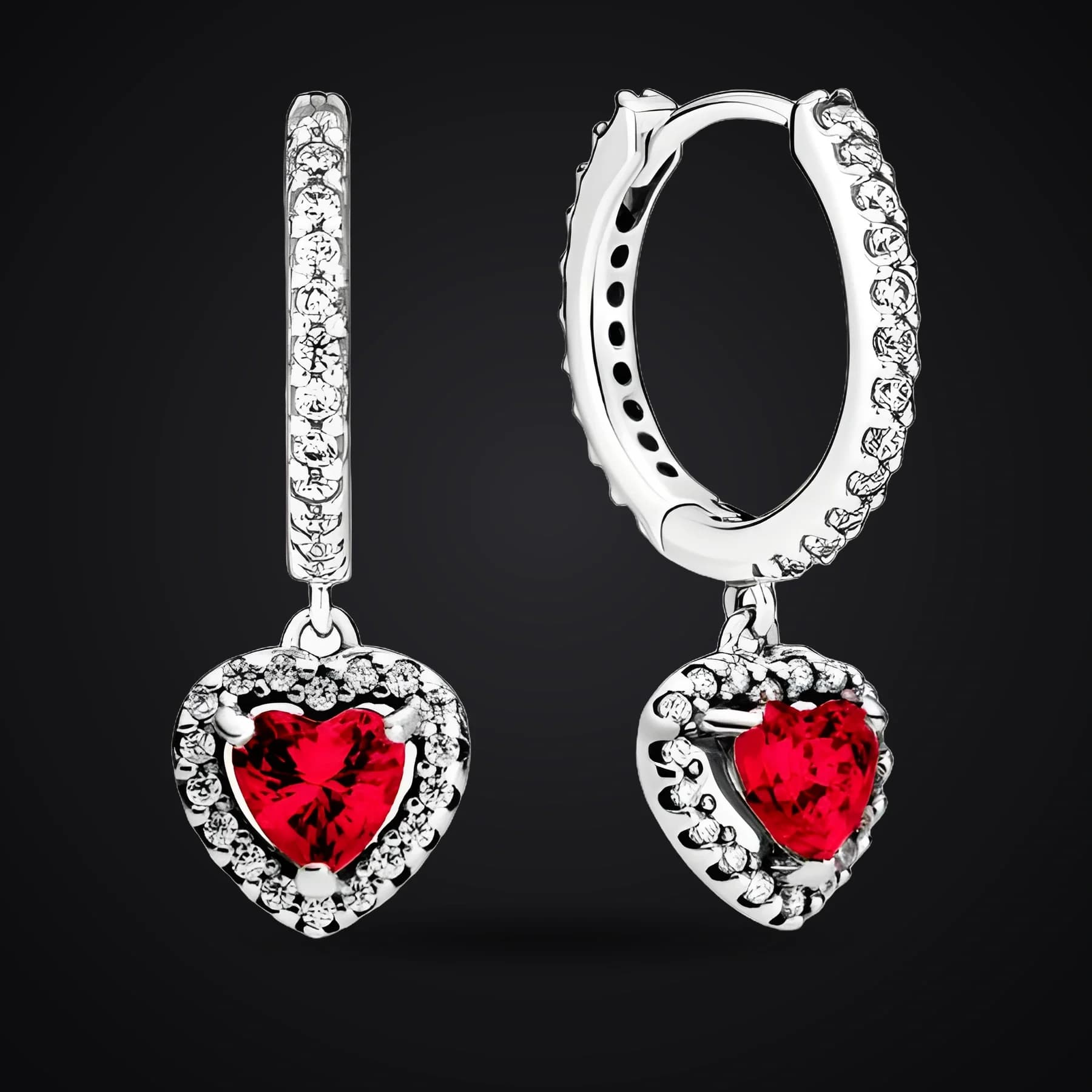 Red Heart Halo earrings on a dark background